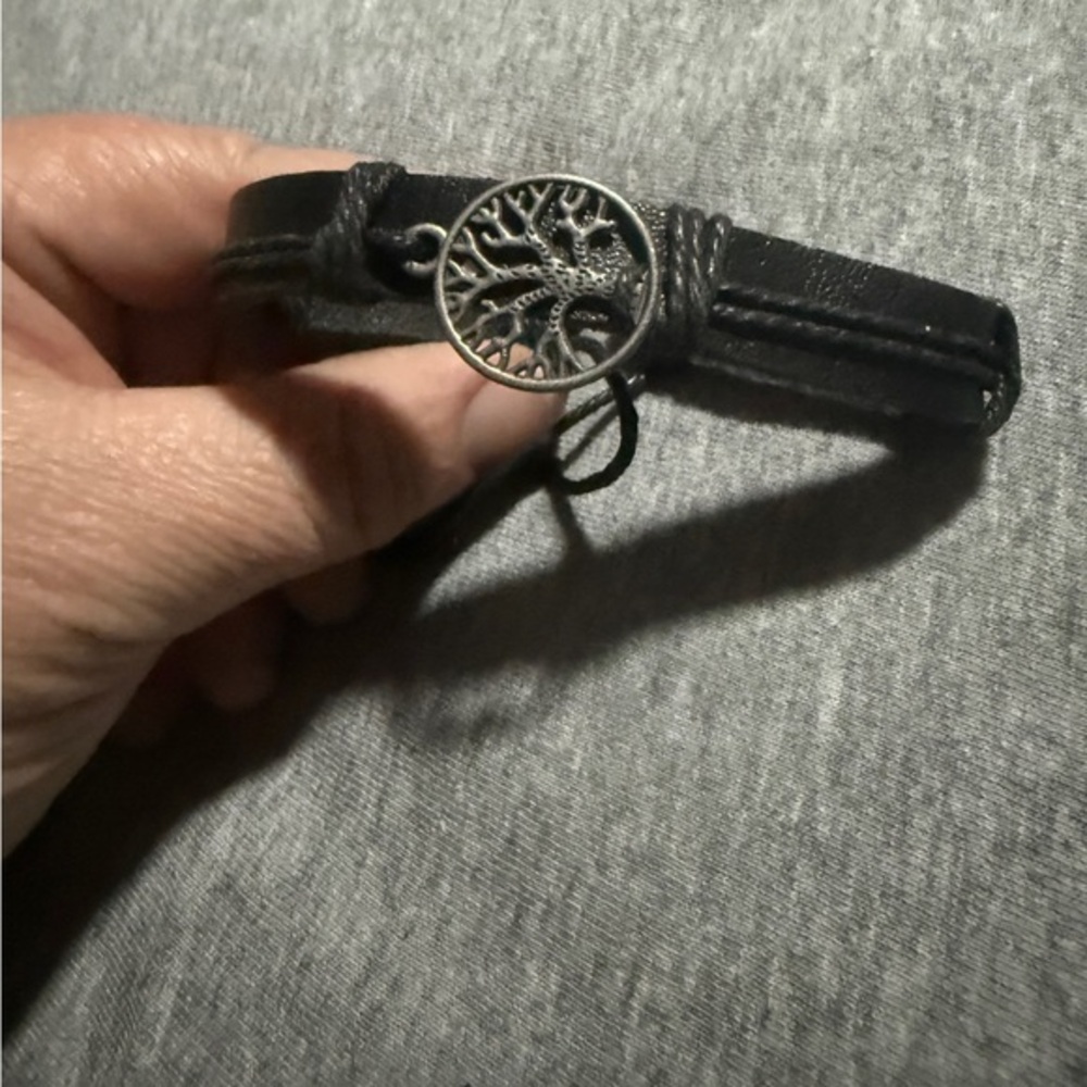 Black Leather Bracelet with Tree of Life Charm